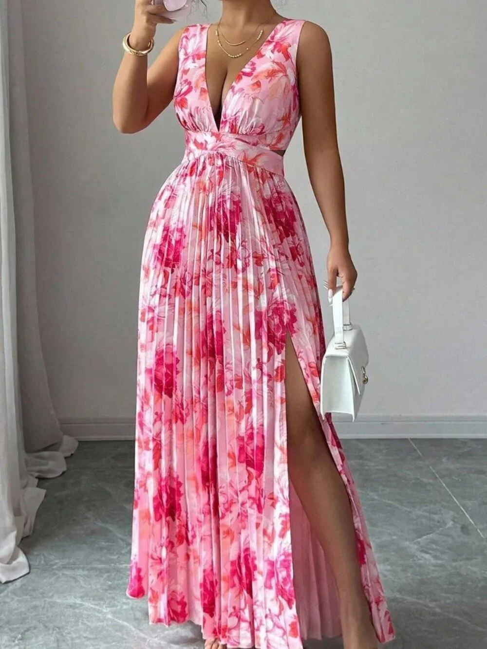 Multicolor Sexy Women's Sleeveless V-Neck A-Line Ruffle Floral Romantic Dress